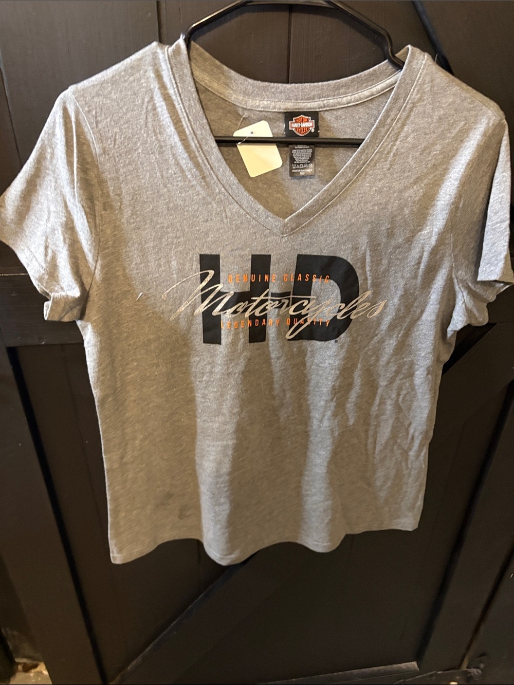 Harley-Davidson Gray V-Neck Tee with Black & Orange Script